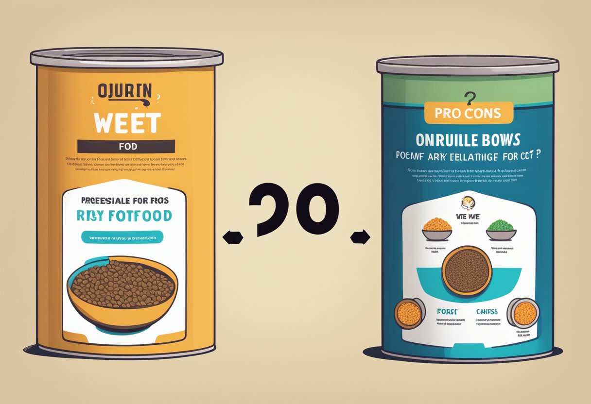 A bowl of dry cat food next to a bowl of wet cat food. Pros and cons listed on a chart. Question mark above both bowls