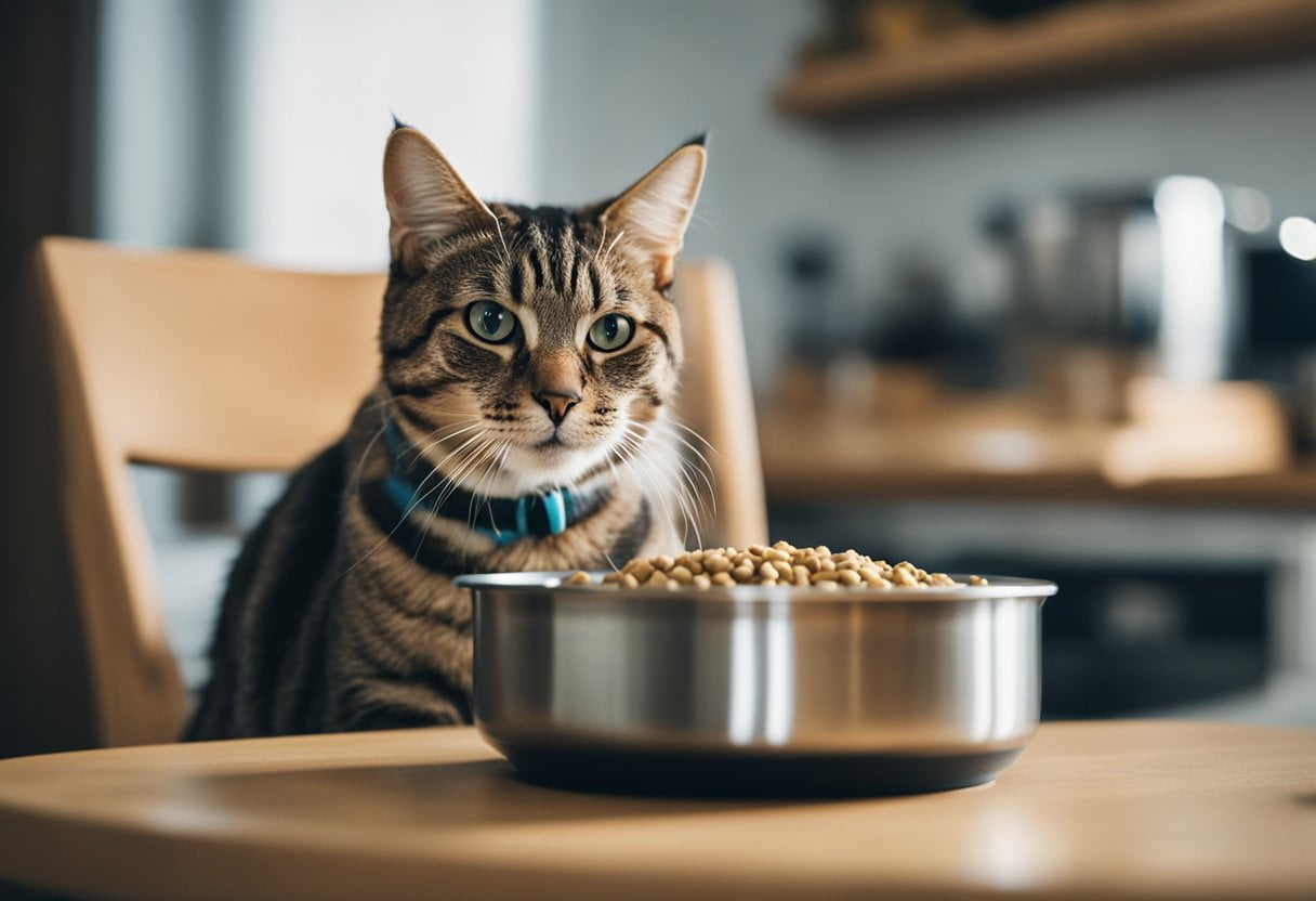 A cat sitting in front of a bowl of balanced cat food, with a measuring cup nearby for portion control. The cat is eagerly eating the food, showing the importance of proper feeding practices and portion control in cat nutrition