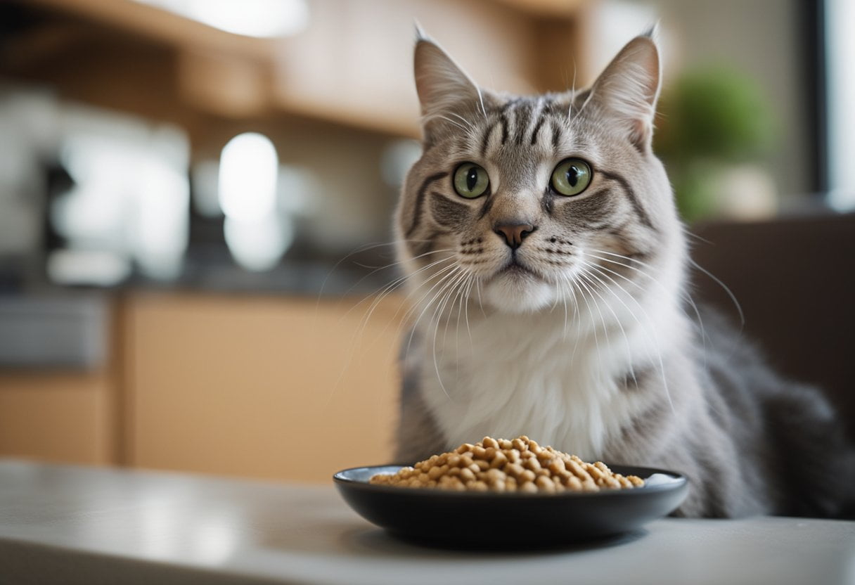 A cat eagerly eats from a bowl of balanced cat food. Nutritious ingredients are visible, and the cat appears healthy and content