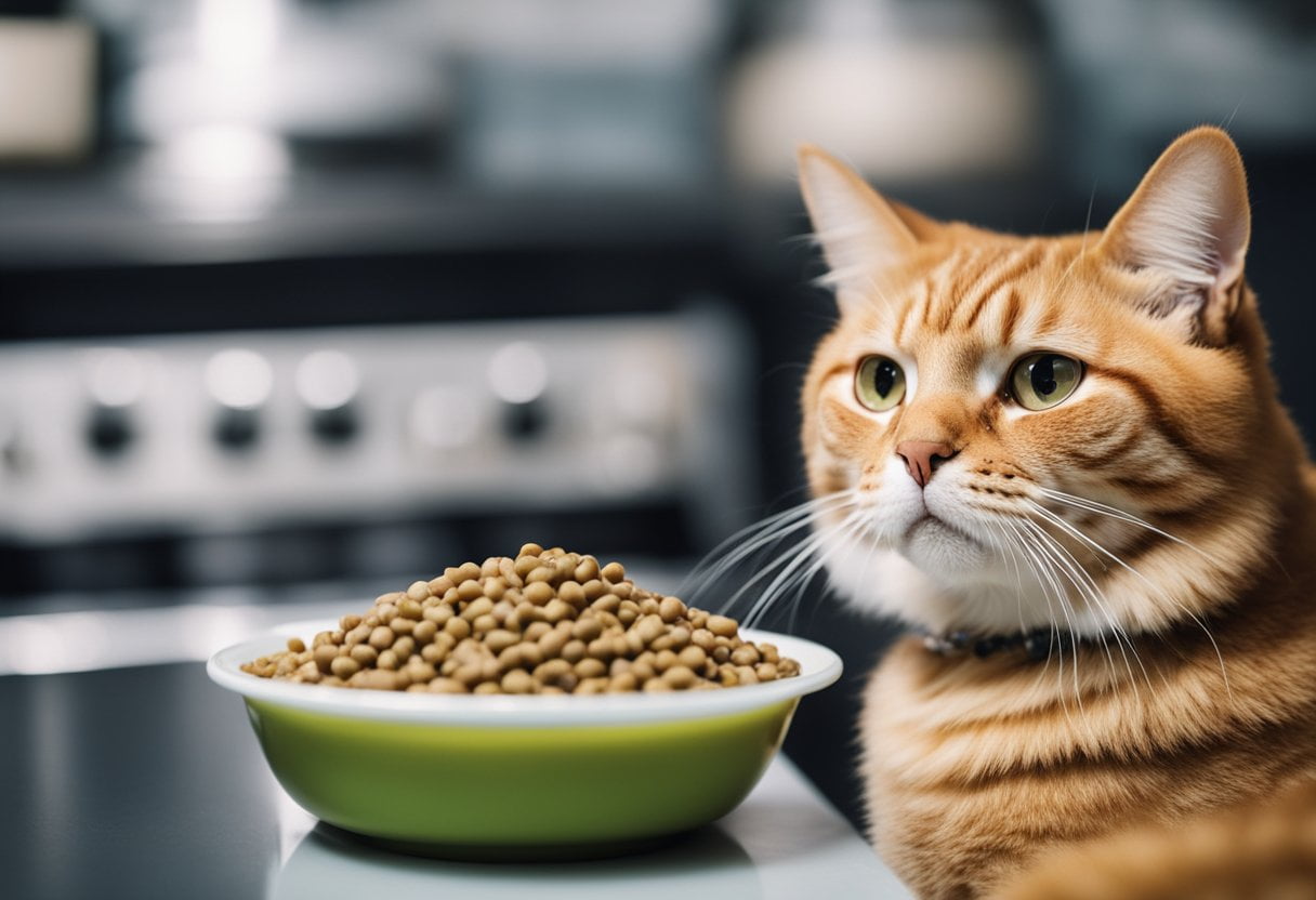 A cat sits beside a bowl of balanced cat food, with a variety of nutrient-rich ingredients visible. The cat's fur is shiny and its eyes bright, indicating good health