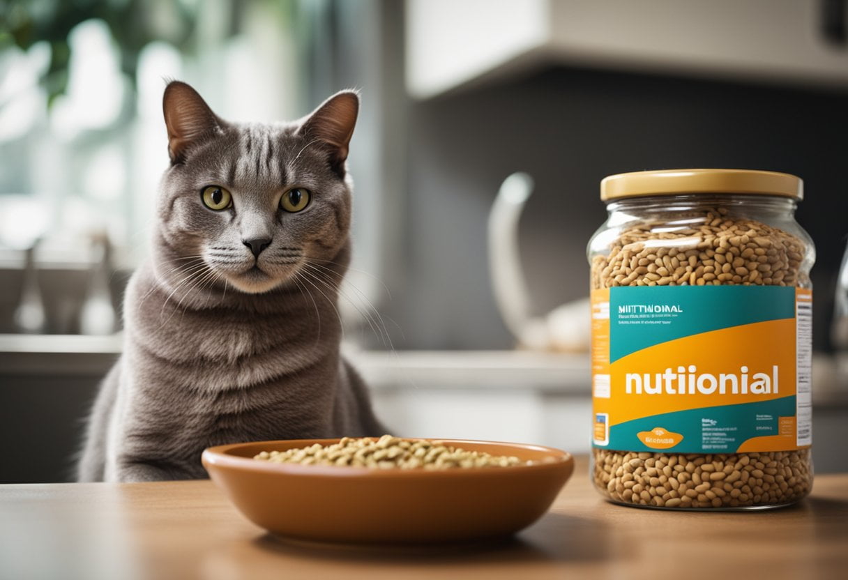 A cat sitting in front of two bowls of cat food, one labeled "nutritional" and the other labeled "non-nutritional." The cat is looking at the nutritional food with interest