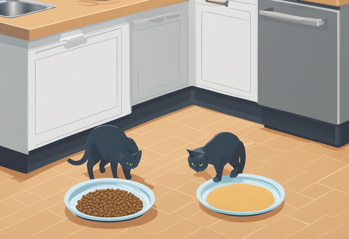 Two bowls of cat food, one dry and one wet, sit side by side on a clean kitchen floor. A curious cat sniffs at each bowl, contemplating which to eat